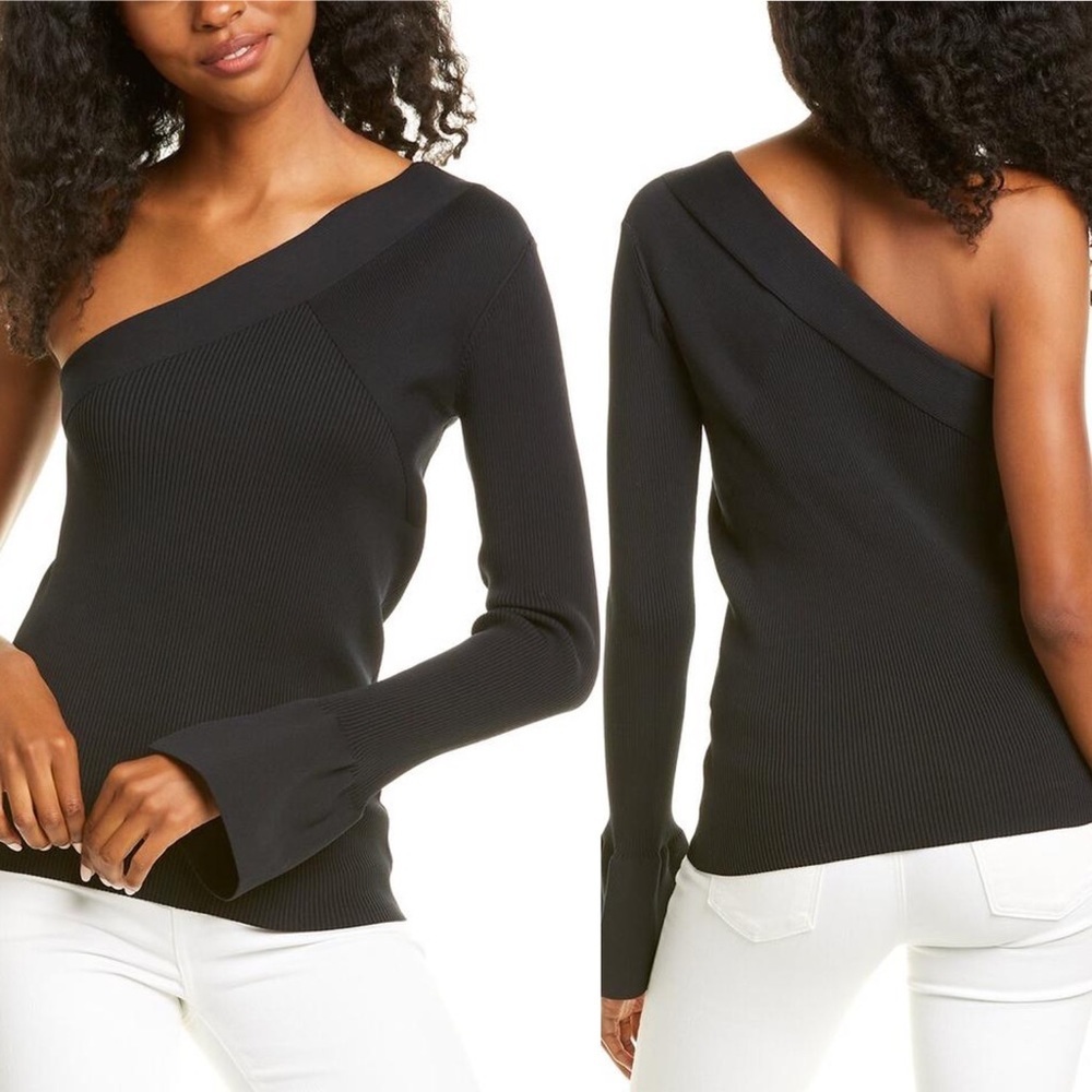 NEW Theory‎ One Sleeve Ribbed Black Top Size Small Stretch K1115712 Flare Boho